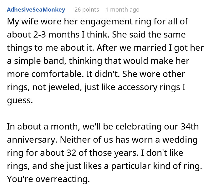 Woman refuses to wear engagement ring, sharing her perspective with worried fiancé in a candid online discussion. Woman refuses to wear engagement ring, sharing her perspective with worried fiancé in a candid online discussion.
