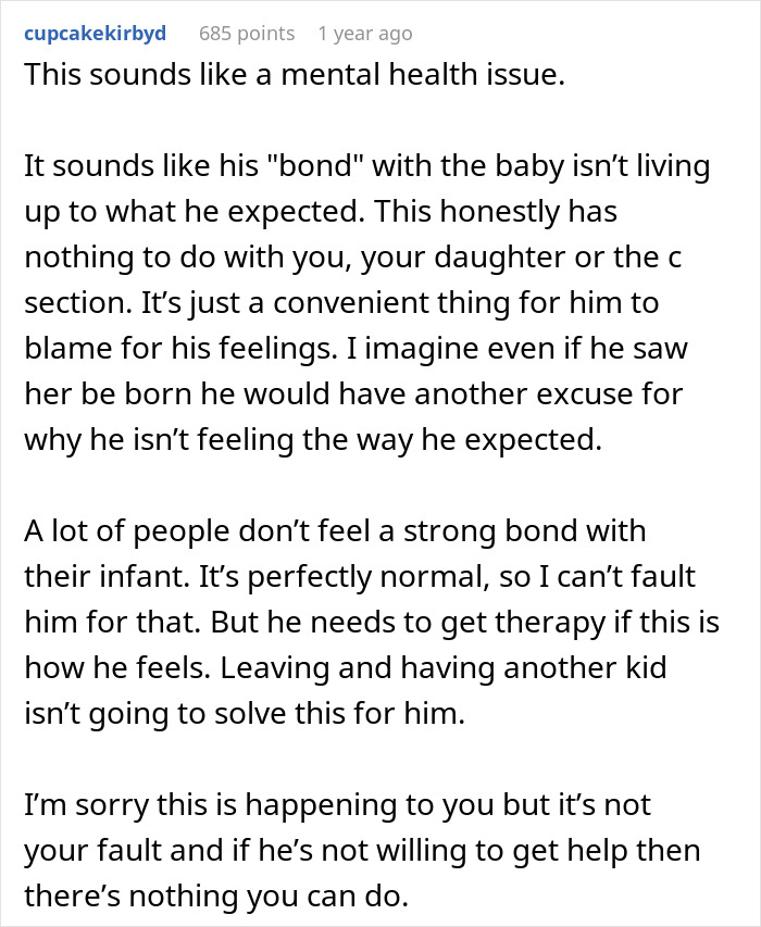 Comment discussing a man&rsquo;s struggle to bond with his cesarean baby daughter and considering divorce.