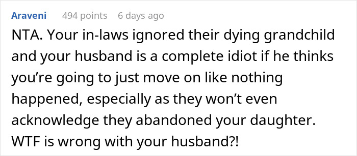 Comment criticizing woman&rsquo;s in-laws for ignoring dying granddaughter, highlighting family conflict and emotional struggle.