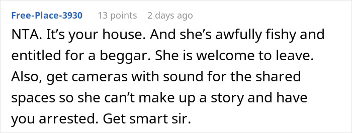 Screenshot of a Reddit comment discussing a man inheriting a house with a tenant complaining about living conditions.
