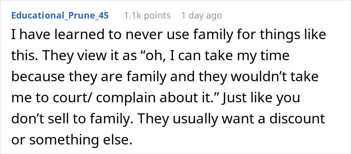 Comment about family issues in kitchen renovation, highlighting frustration with a brother-in-law going on vacation mid-project.