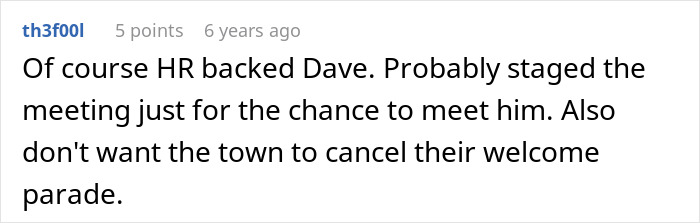 Screenshot of a forum comment discussing an HR-backed meeting likely staged to avoid overtime work. Screenshot of a forum comment discussing an HR-backed meeting likely staged to avoid overtime work.