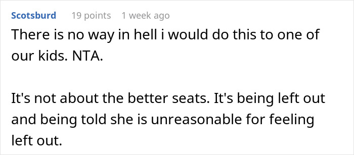 Reddit comment criticizing dad upgrading one kid to business class and telling the other to deal with it during family vacation. Reddit comment criticizing dad upgrading one kid to business class and telling the other to deal with it during family vacation.