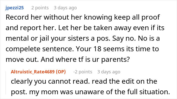 Reddit discussion about sister force senior year sibling babysit conflict and family issues advice debate.