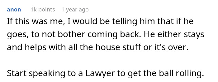 Comment expressing frustration about husband leaving all moving house responsibilities to wife while he travels.