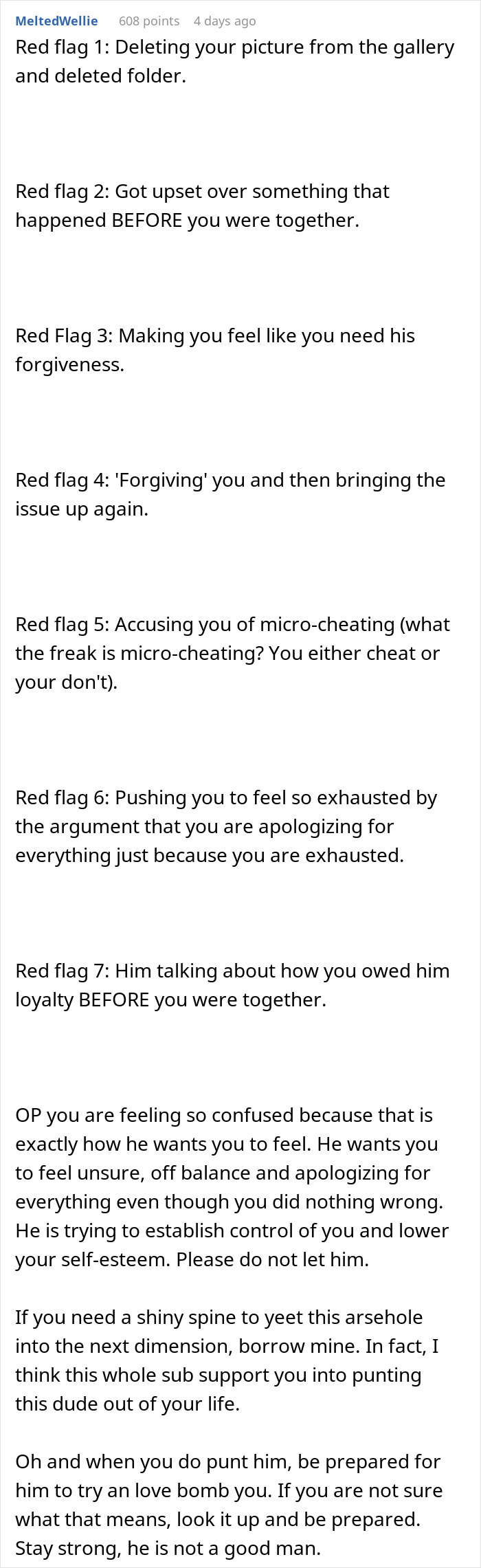 List of red flags in relationships including micro-cheating accusations contributing to emotional exhaustion and control tactics.