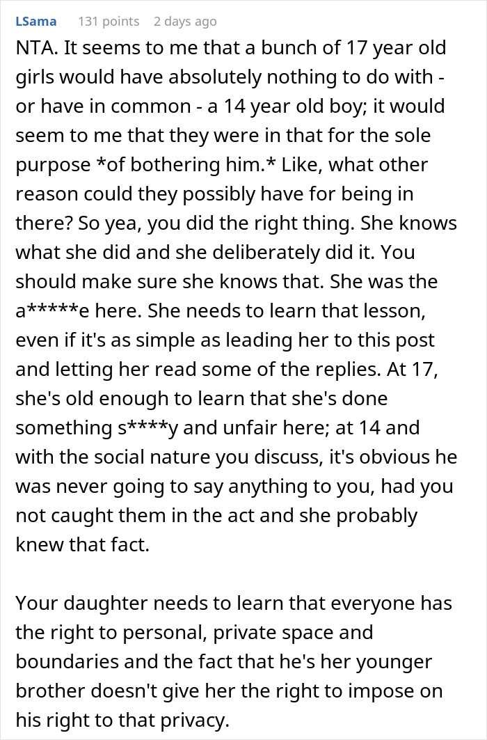 Reddit comment discussing enforcing basic boundaries on daughter's sleepover to respect privacy and personal space. Reddit comment discussing enforcing basic boundaries on daughter's sleepover to respect privacy and personal space.