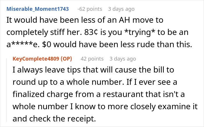 Screenshot of a forum discussion debating the ethics of tipping 83&cent; and whether it is considered rude or an AH move.