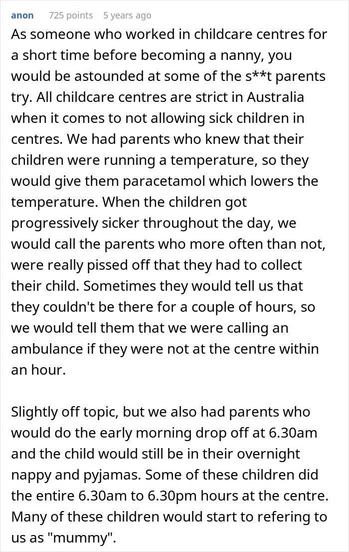 Comment discussing issues with woman listed as emergency contact who refuses to pick up sick child from childcare center.