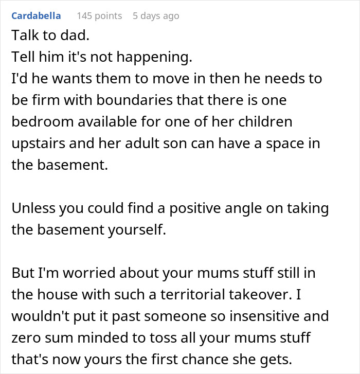 Comment discussing boundaries and concerns about a dad's girlfriend trying to make her child live with a 10-year-old.