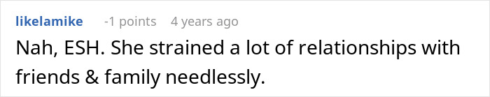 Comment text expressing that the bride strained relationships with friends and family unnecessarily about replacing kids with pets at her wedding.