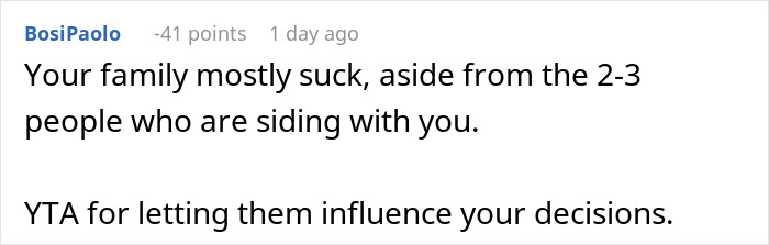 Screenshot of an online comment discussing family conflict and criticizing influence on decisions.