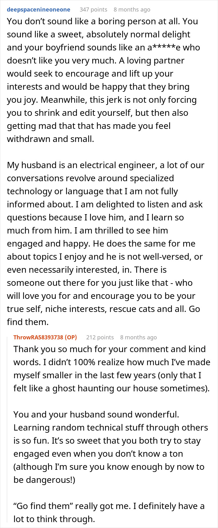 Reddit comments discussing loneliness and communication struggles as fianc&eacute; starts banning conversation topics.