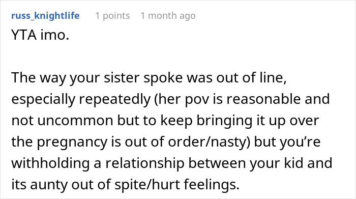 Comment criticizing sister for shaming surrogacy plans, leading to brother banning her from seeing his son.