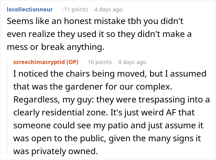 Reddit discussion about a person&rsquo;s patio being trespassed on by strangers using it as their own space.