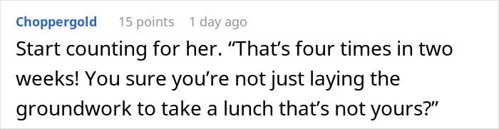 Text excerpt about a lunch thief dispute, illustrating workers adding labels to protect their food from theft.