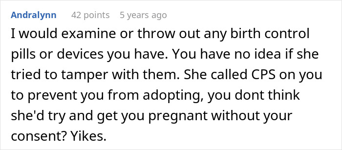 Comment discussing concerns about birth control tampering and Child Protective Services involvement by a mother-in-law. Comment discussing concerns about birth control tampering and Child Protective Services involvement by a mother-in-law.