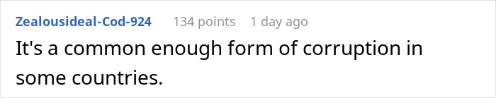 Text comment on screen stating it's a common form of corruption in some countries related to job cash-in attempts.