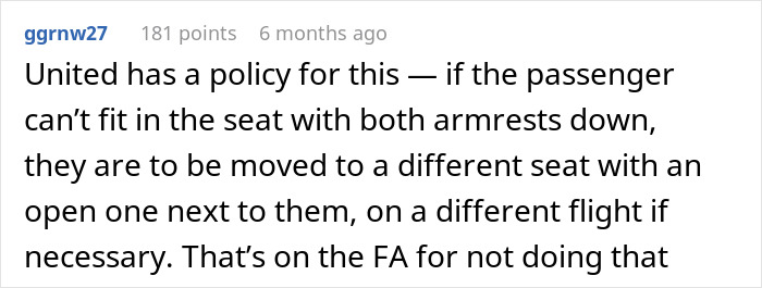 Comment on airline policy about passengers unable to fit with armrests down, mentioning flight attendant involvement.