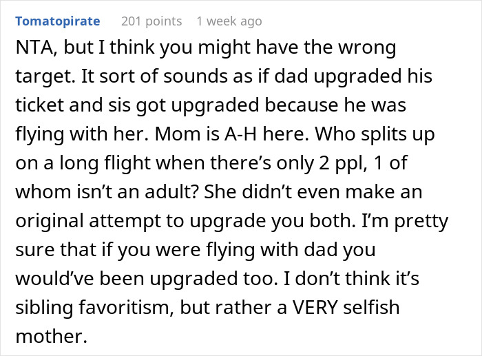 Reddit comment discussing family vacation drama where dad upgrades one kid to business class, highlighting sibling favoritism issues. Reddit comment discussing family vacation drama where dad upgrades one kid to business class, highlighting sibling favoritism issues.