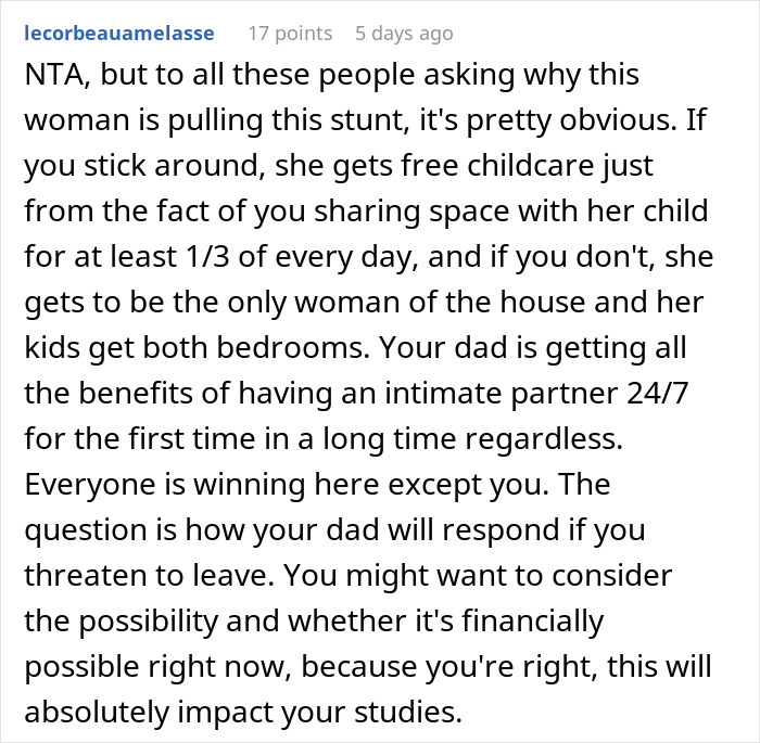 Reddit comment explaining the family dynamics and consequences of a girlfriend living with a 10-year-old child.