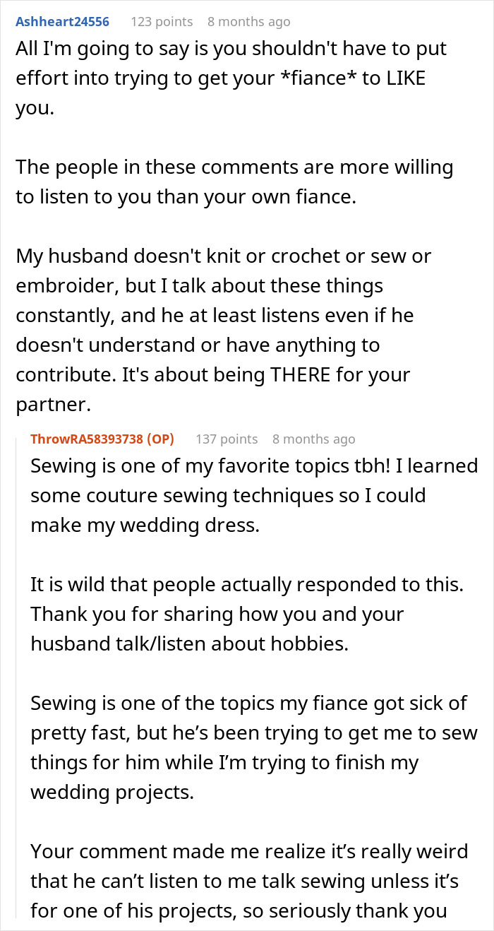 Reddit comments showing a woman facing loneliness as her fianc&eacute; bans conversation topics, highlighting communication struggles.
