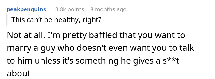 Screenshot of a social media comment discussing loneliness and restricted conversation topics with a fianc&eacute;.