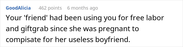 Comment discussing a woman setting boundaries after her friend used her for free labor and hosting her toddler.