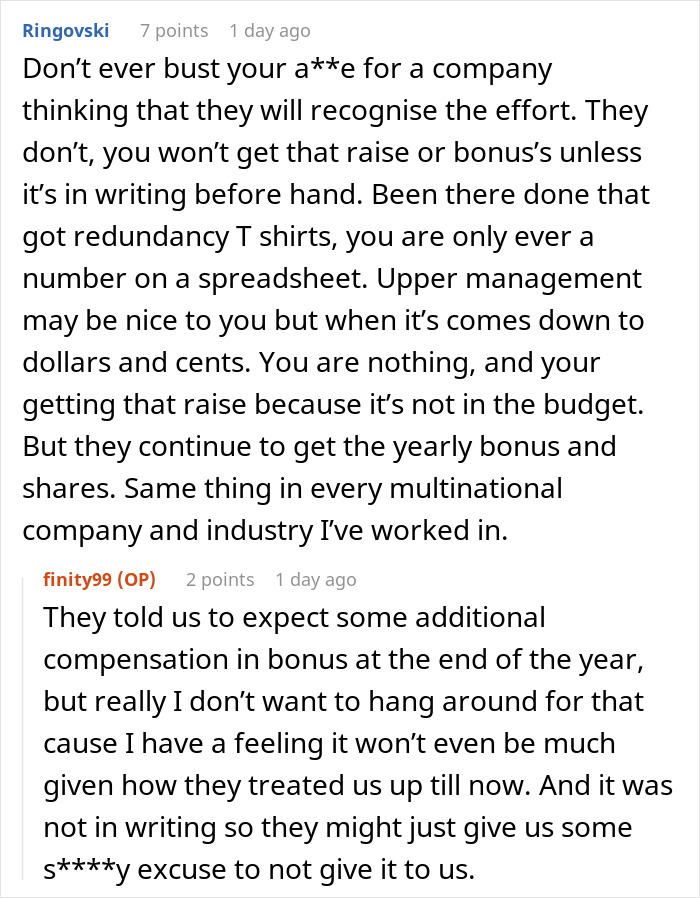 User conversation about employee working 30 hours overtime and experiencing a lack of recognition or compensation in a corporate setting.