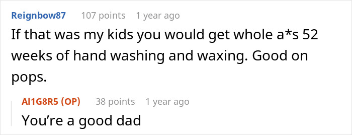 Reddit comment about kids facing hours of washing and waxing a car after eggs thrown, highlighting car care frustration.