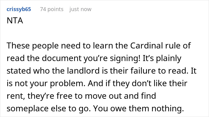 Comment discussing roommates and sisters reacting after discovering woman secretly owns the house, emphasizing landlord responsibility.