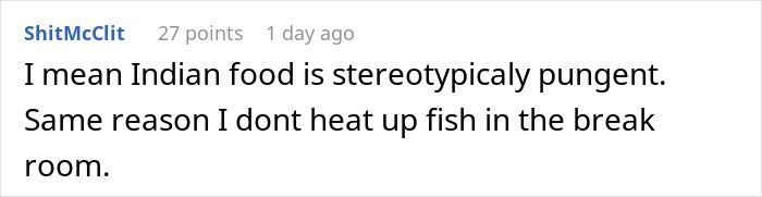 Comment on coworker saying woman&rsquo;s lunch smells too real, mentioning strong food odors in the break room.