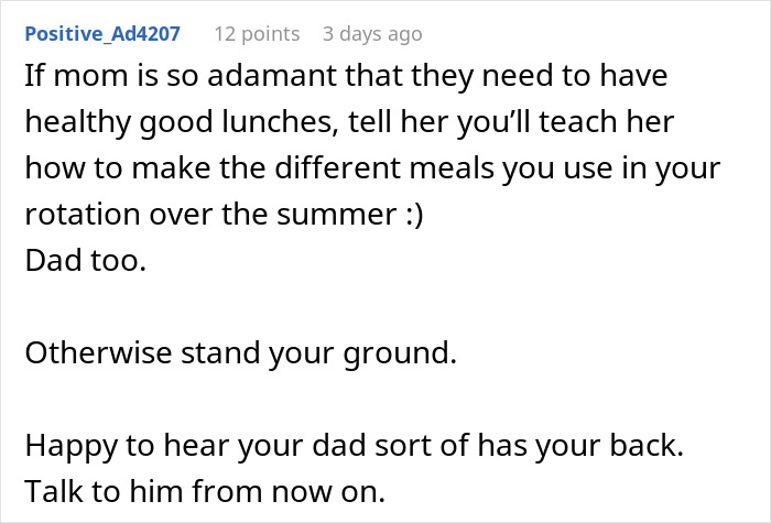 Reddit comment offering advice on handling mom guilt-trips about making lunch only for oneself, not siblings.