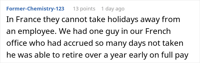 Comment about employee using all PTO days before deadline, discussing work holiday policies and impacts on projects.