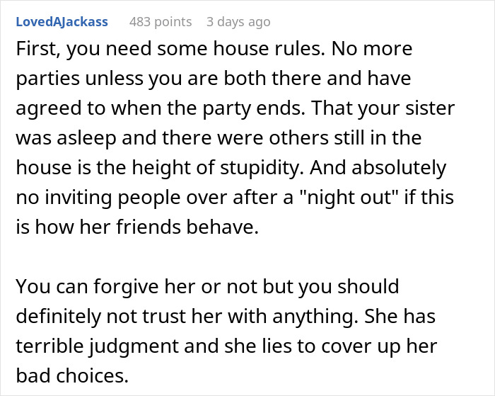 Screenshot of a user comment discussing trust issues after sister&rsquo;s friends drank irreplaceable champagne.