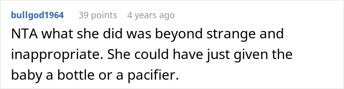 Comment on a forum post discussing mother-in-law caught trying to breastfeed baby, with mom furious about inappropriate behavior.