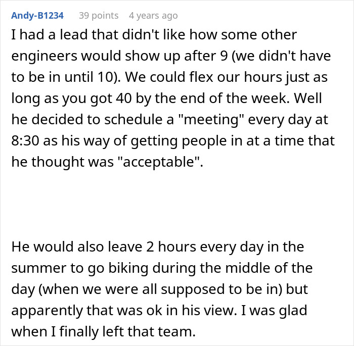 Comment discussing a work schedule and being told to stop being late and stick to his schedule.