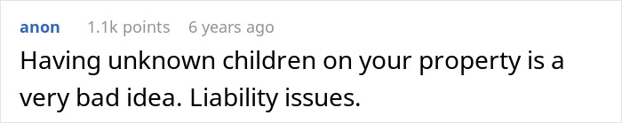 Screenshot of online comment discussing liability issues of having unknown children on rental property near a cabin with free babysitters.