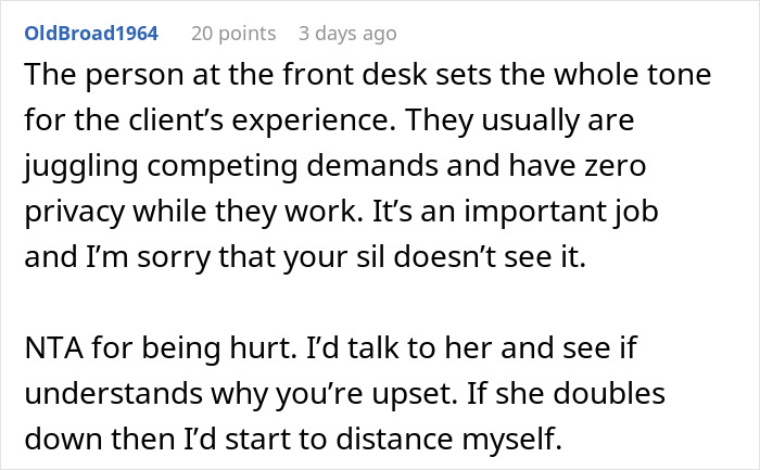 Screenshot of Reddit comment discussing refusing to babysit niece after SIL's rudeness and emphasizing job difficulty and respect. Screenshot of Reddit comment discussing refusing to babysit niece after SIL's rudeness and emphasizing job difficulty and respect.