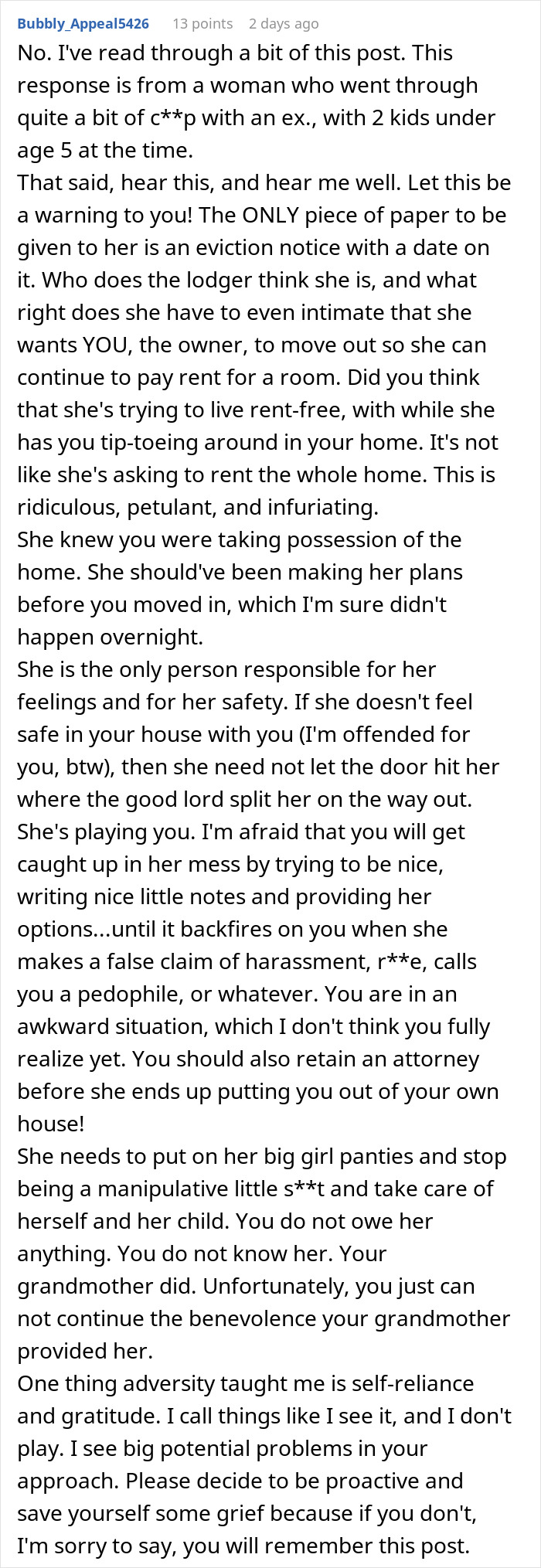Screenshot of a detailed Reddit comment discussing tenant eviction and landlord-tenant conflict in inherited house situation.