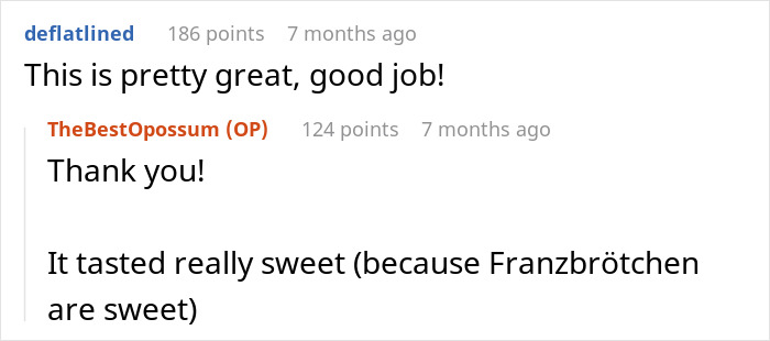Screenshot of an online discussion with comments about a sweet tasting Franzbr&ouml;tchen and positive feedback on the post.