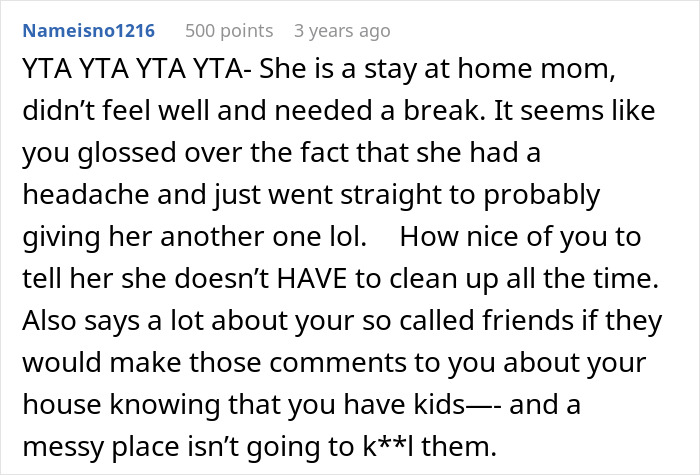 Comment discussing a messy home situation where husband blames ill wife for not cleaning before guests arrive.