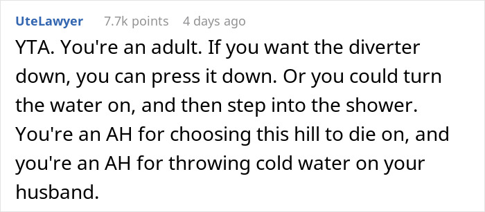 Reddit comment discussing wife threatening husband with cold showers due to his bad memory and shower diverter issue.