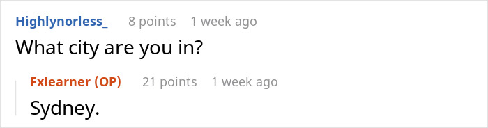 Screenshot of an online discussion where a user asks about location and another replies with Sydney, relating to poor parenting and babysitting concerns.