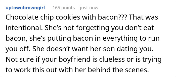 Comment about bacon being added to everything during visits to a Jewish boyfriend&rsquo;s family to discourage the relationship.