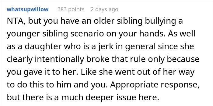 Comment discussing enforcing basic boundaries on daughter's sleepover and sibling bullying issues in a family conflict. Comment discussing enforcing basic boundaries on daughter's sleepover and sibling bullying issues in a family conflict.