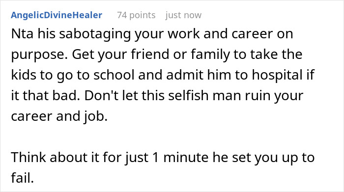 Screenshot of a Reddit comment discussing a husband demanding wife cancel plans over hair transplant surgery.