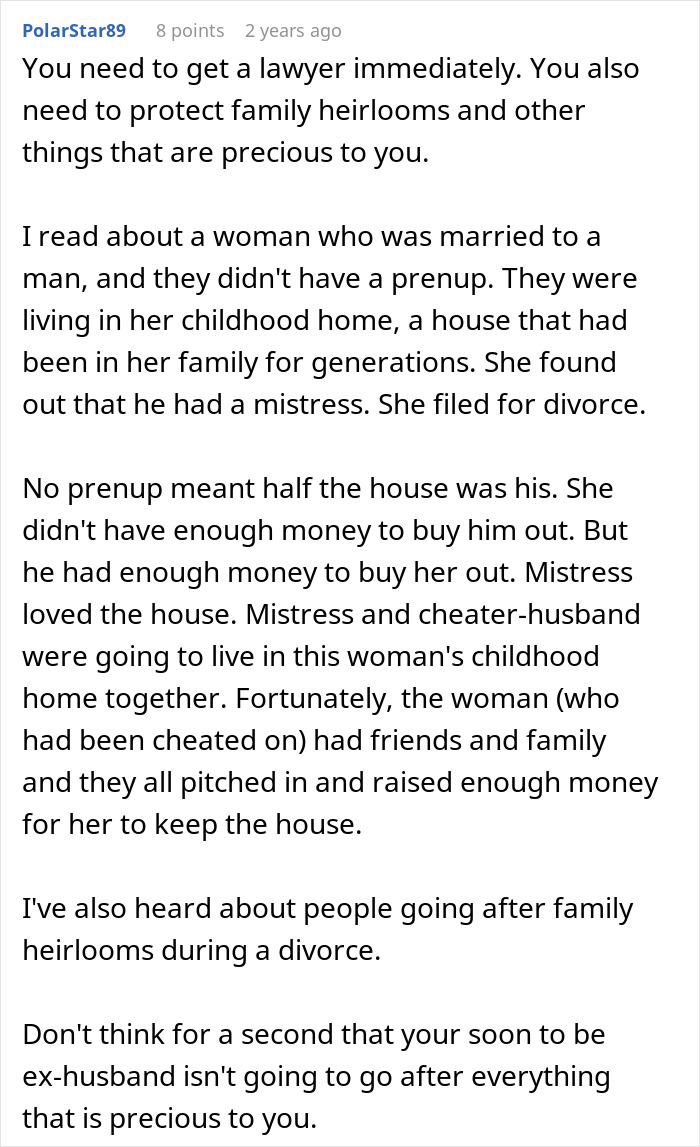 Screenshot of an online comment discussing family heirlooms and secrets revealed after a wife borrows her husband's phone.