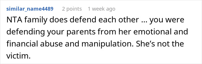 Screenshot of a Reddit comment defending parents against sister’s fake cancer, highlighting emotional and financial manipulation. Screenshot of a Reddit comment defending parents against sister’s fake cancer, highlighting emotional and financial manipulation.