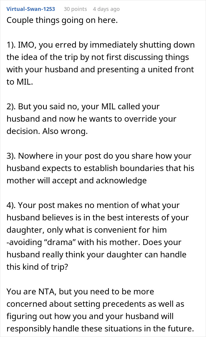Commenter discussing mil-daughter surprise vacation conflict and family boundaries with husband and mother-in-law.
